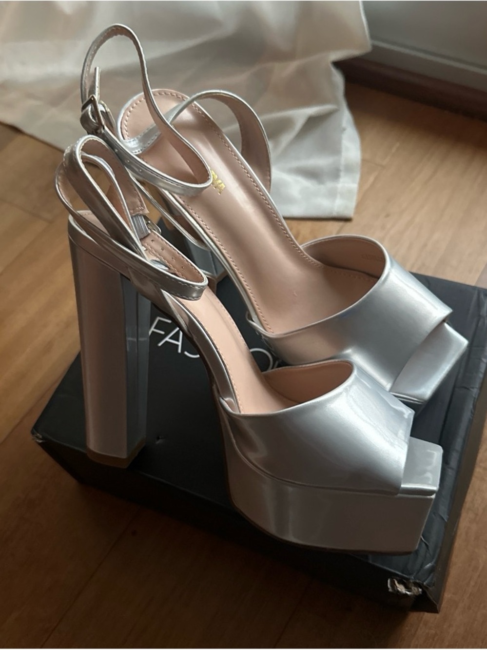 Fashion Nova Silver Platform Slingback Heels